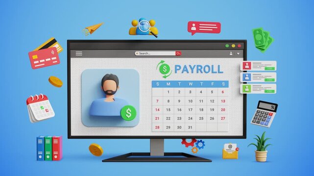Monthly Employee Salary Automation, Finance Department Workflow, Automated Salary Processing. AI Payroll System Software Interface on 3D Computer. 3D Video