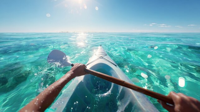 Person Kayaking in Clear Tropical Ocean Water