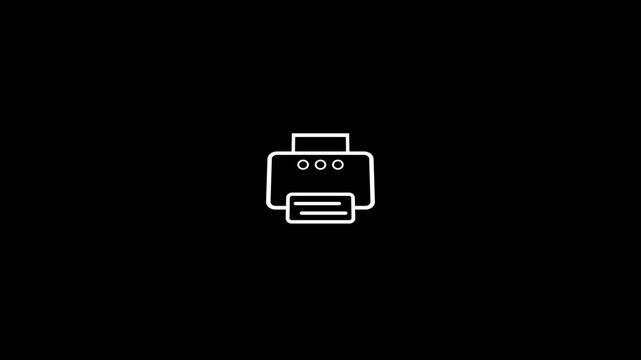 Animated line icon of a multifunction printer printing a document, isolated on a black background.Minimalist 2D animation of a stylized printer outputting a document.Printer animated icon.