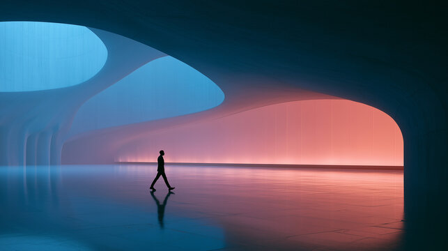 Modern futuristic interior with a solitary silhouette walking through a vast curved architectural space illuminated by contrasting blue and warm pink ambient light