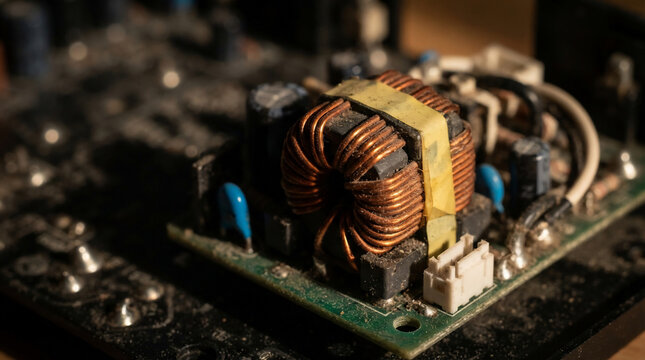 Close up macro view of copper coil inductor on old dusty electronic circuit board