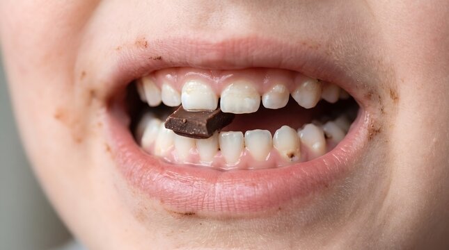Close up of a child biting a dark chocolate piece with dirty face, high resolution