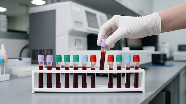 Scientist hand picking up blood sample tube in clinical laboratory