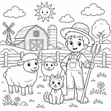 Cute little girl farmer with a sheep on a farm coloring page for children activity