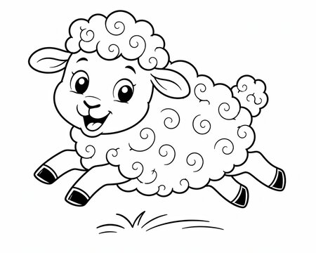 Cute little cartoon sheep character jumping happily for children coloring book page