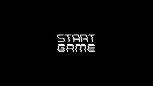 start game glitch text message with a retro effect on black background. ideal for gaming streams, intros, vintage 8-bit start game text pixel 4k video