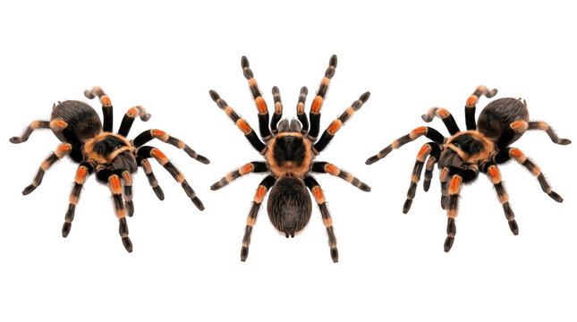 Studio composition featuring three tarantulas from different angles, transparent background, arachnid and exotic insects concept