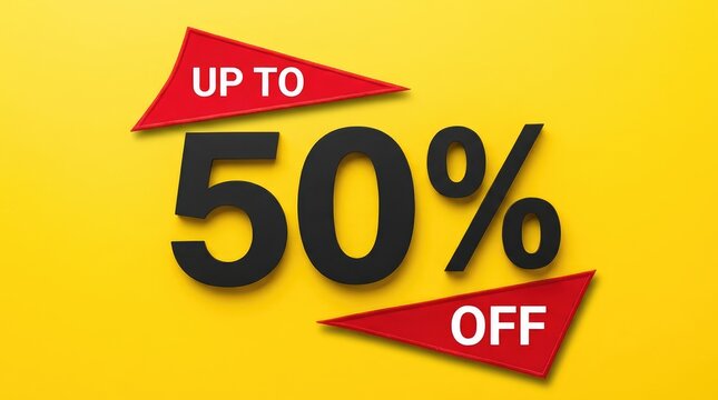 Large discount sale promotion banner with up to fifty percent off offer on bright yellow background with promotional banner displays displays bold percentage