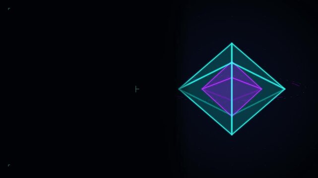 Glowing rotating neon geometric polyhedron shape cyberpunk sci-fi digital aesthetics motion graphics seamless loop background for vj dj music visuals tech content