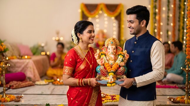 Indian Couple Holding Lord Ganesha Idol for Ganesh Chaturthi Celebration