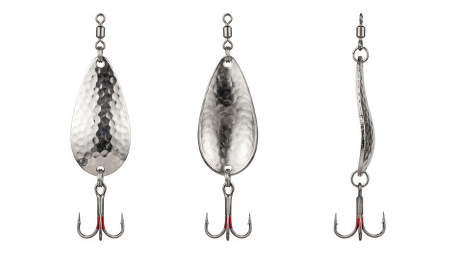Studio composition featuring three silver spoon lures from different angles, transparent background, fishing tackle and artificial bait concept