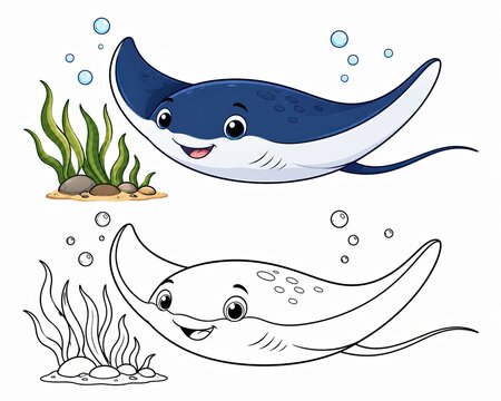 Cute cartoon stingray swimming with a coloring page outline isolated on white background