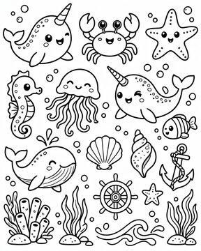 Cute hand drawn sea animals and ocean life doodle set for kids coloring page design