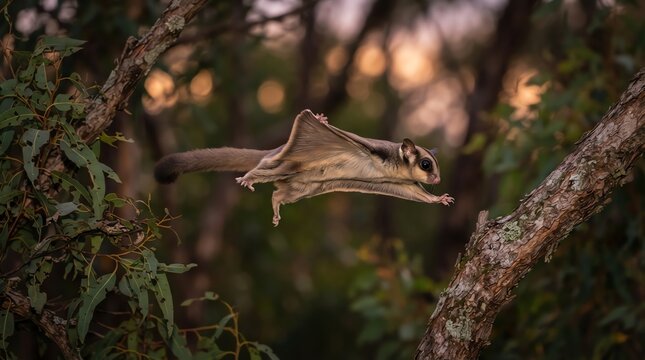 Flying squirrel gliding between tree branches in forest