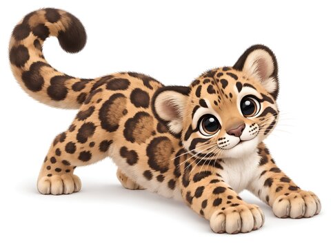 Cute Clouded Leopard Cub Stretching on White Background