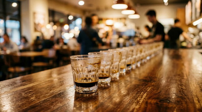 Espresso glasses, mostly empty, on rustic wooden bar counter inside busy cafe with blurred customers, for coffee tasting and social gathering.