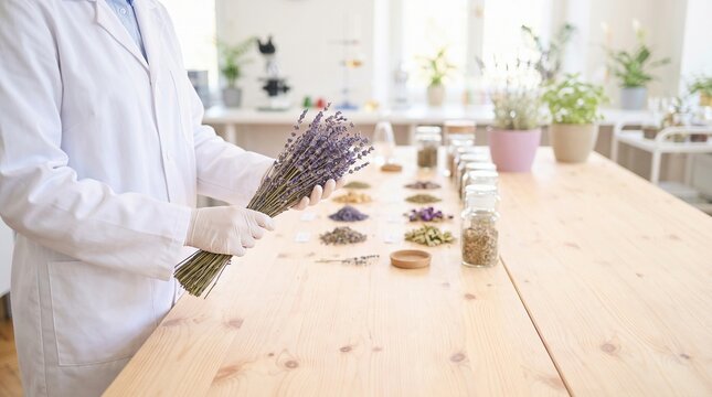 Botanist holding fresh lavender at wooden lab table with various dried herbs, natural product research and development.