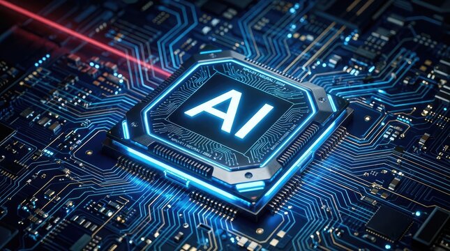 Advanced artificial intelligence chip embedded in futuristic circuit board with glowing blue light effects with intelligence processor highlighted