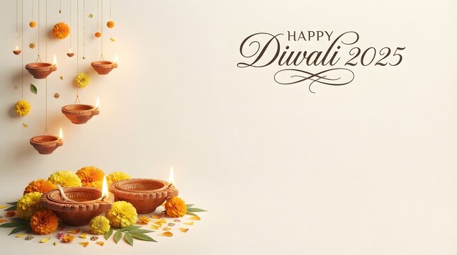 Happy diwali 2025 greeting card with hanging clay diyas and marigold flowers