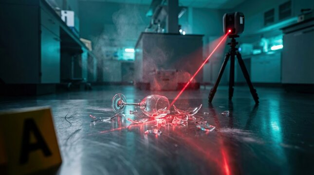 Crime scene investigation with broken glass and laser measurement in scientific lab, forensic analysis concept.
