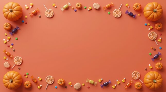 Colorful halloween candy and pumpkins on peach background illustration