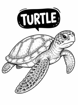 Black and white hand drawn sea turtle illustration with a speech bubble text