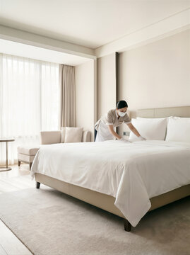 Housekeeping staff making bed in upscale hotel room, hospitality service with health precautions