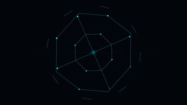 Digital HUD Radar Chart with Glowing Cyan Data Points on Black Background