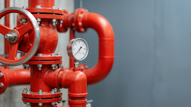 Fire sprinkler system with red pipes, pressure gauge, and valve in building, fire safety concept.