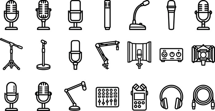 Microphone and podcast studio equipment line icon set featuring audio recording broadcasting sound engineering and media symbols