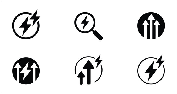 Energy boost and power increase icon collection, enhanced performance strength growth and productivity symbols, dynamic business technology vector illustration