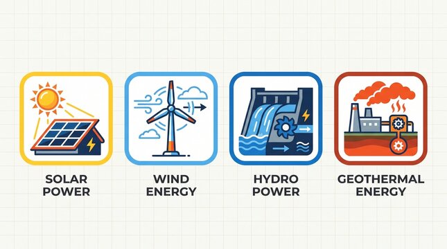 Renewable energy icons set, solar power, wind energy, hydro power and geothermal electricity symbols for green technology, clean power generation and environmental web design