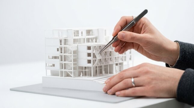 Model maker carefully adjusting miniature building components with tweezers on a white architectural scale model.