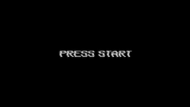 press start glitch text message with a retro effect on black background. ideal for gaming streams, intros, vintage 8-bit press start text pixel 4k video