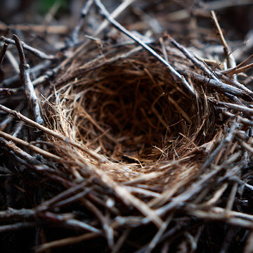 An empty bird nest constructed of natural twigs and dry grass, captured in a detailed close-up shot emphasizing texture and nature.
