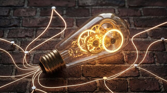 Vintage glowing lightbulb with internal gears and cogs on rustic brick wall