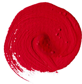 Vibrant red acrylic circular swirl brush stroke textured abstract paint blob isolated on transparent background