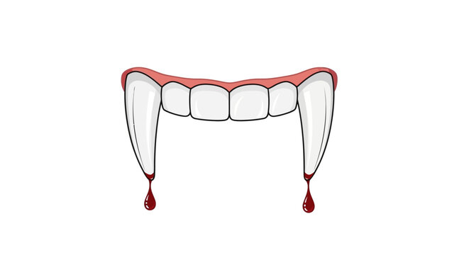 Illustration of vampire teeth with sharp fangs and dripping blood isolated on white background.