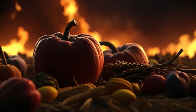 Harvest pumpkins with warm firelight in dark setting