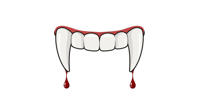 Illustration of vampire teeth with dripping blood isolated on a white background.