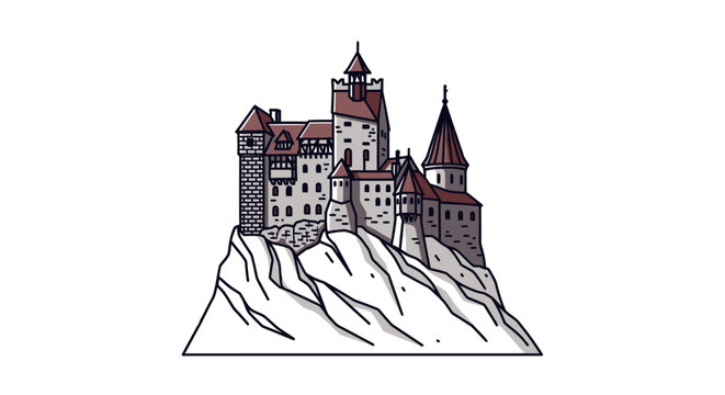 A stylized vector illustration of a medieval castle perched on a rocky mountain peak.