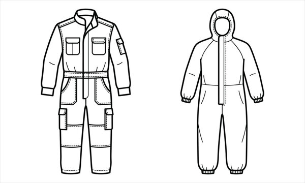 Set of industrial workwear coverall and hooded protective suit fashion flat sketch template technical CAD drawing