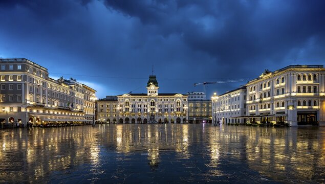 Illuminated square Piazza Unit&agrave; d'Italia, Town Hall, Palazzo Communale, with reflection, dramatic clouds, blue hour, old town, Trieste, Friuli-Venezia Giulia region, Italy