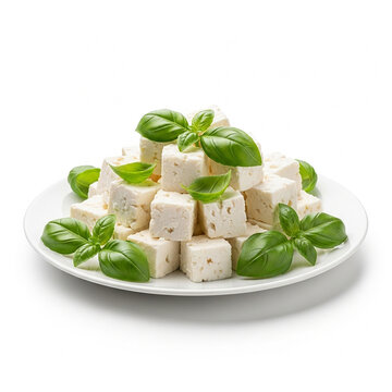Fresh feta cheese cubes with green basil leaves on a white plate isolated on white background