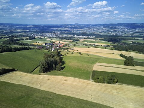 View of the Reuss Valley in the foreground harvested cornfields, Schlatt, Canton of Aargau, Switzerland