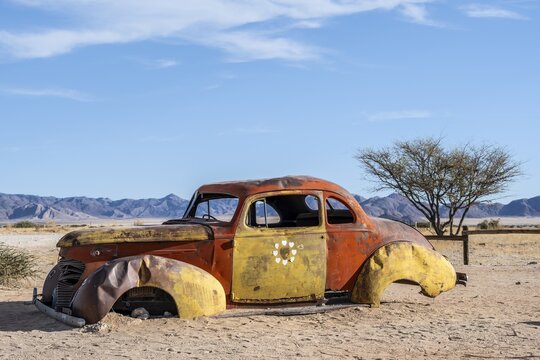 Wrecked car of a vintage car, Solitaire, Khomas region, Namibia