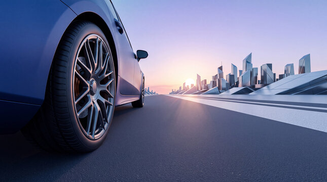 Electric Blue Car Driving on Highway Towards Futuristic City at Sunset