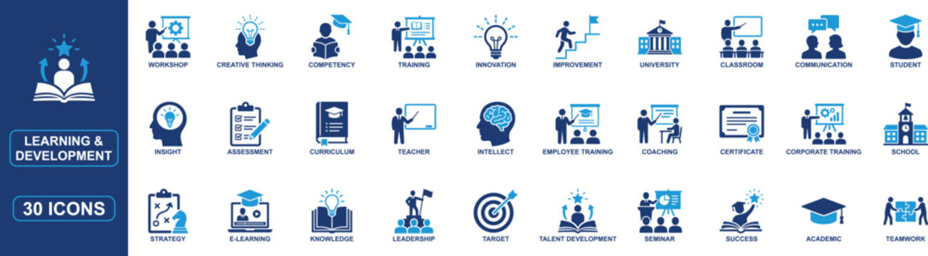 Learning and development solid icon set featuring talent development, corporate training, leadership, teamwork, coaching, e-learning, knowledge, academic education and employee growth symbols