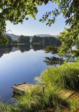 A jetty at Blaibacher See. Blaibach, district of Cham, Upper Palatinate, Bavarian Forest, Bavaria, Germany