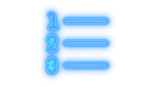 Glowing neon numbered list or steps checklist icon isolated on transparent background. Numbered menu. Task priority. Navigation. Agenda. To-do items